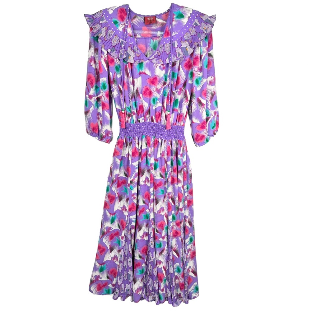 Lachine Vintage Georgette Pleated Dress Womens M Purple Pink Sheer Midi